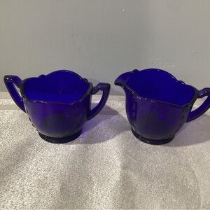 Cobalt Blue Glass Creamer and Sugar Set